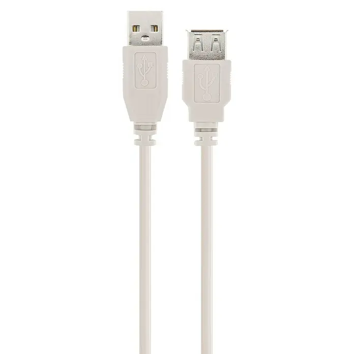 Schwaiger USB-Verlängerungskabel 2.0 - Länge: 2 m, USB-A-Buchse, Hellgrau - Weißes USB-Kabel mit einem USB-A- und einem USB-B-Stecker für Datenübertragung und Stromversorgung von Geräten.