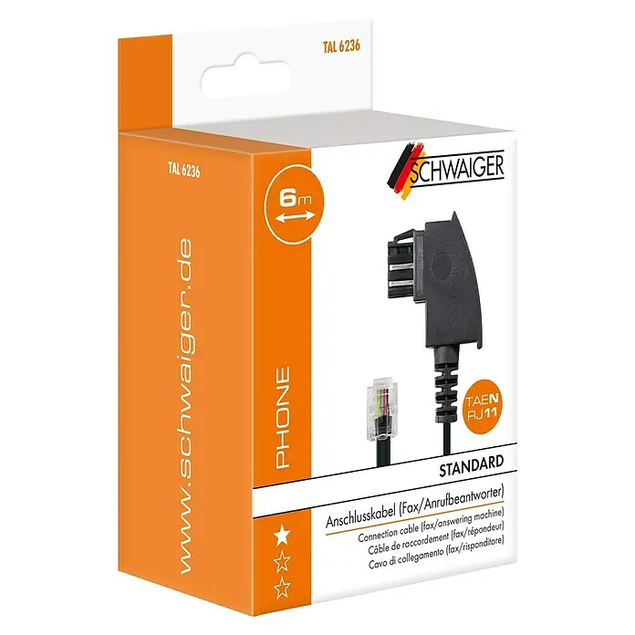 Schwaiger TAE-N-Anschlussleitung - TAE-N Stecker (6P4C), 6 m, Schwarz - Verpackung eines 6m langen SCHWAIGER Anschlusskabels (Fax/Anrufbeantworter) mit TAEN RJ11 Stecker für Standard Telefonanschlüsse.