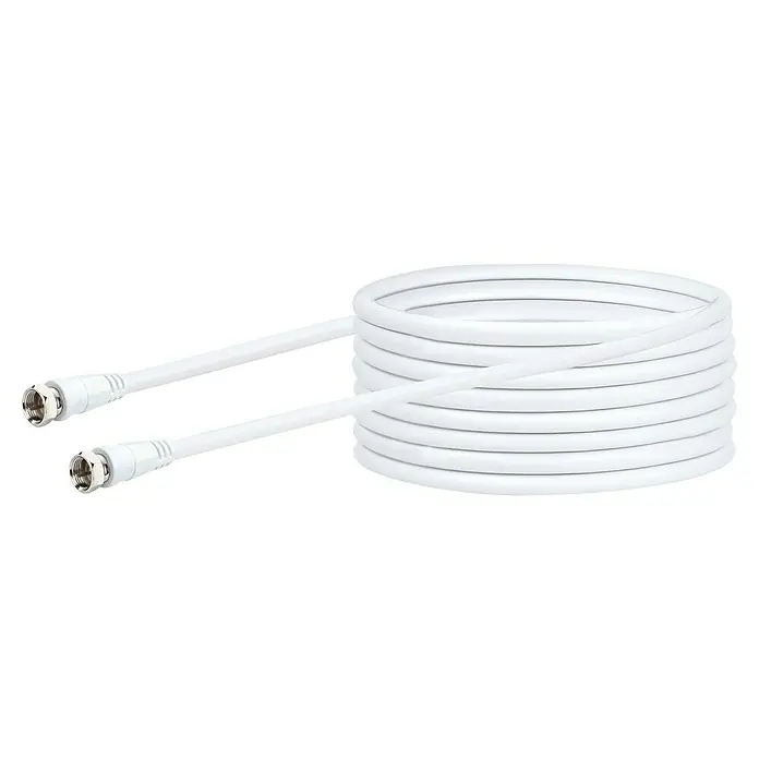 Schwaiger SAT-Anschlusskabel - 10 m, Weiß, 90 dB, 2-fach geschirmt - Ein weißes Koaxialkabel ist aufgerollt und hat an beiden Enden silberne Anschlüsse, die eine sichere Verbindung für TV- und Mediengeräte gewährleisten.