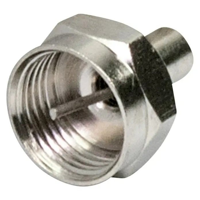 Schwaiger F-Abschlusswiderstand - F-Stecker, 75 Ω - Nahaufnahme eines F-Steckers, einem Koaxialkabelstecker mit Schraubgewinde für den Anschluss an TV-Geräte und Satellitenreceiver.
