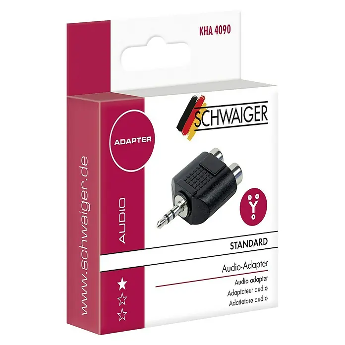 Schwaiger Audio-Adapter - 2 x Cinch-Kupplung, 1 x Klinkenstecker 3,5 mm - Abbildung der Verpackung des Schwaiger Audio-Adapters, der einen 3,5-mm-Klinkenstecker auf 2 Cinch-Buchsen umwandelt.