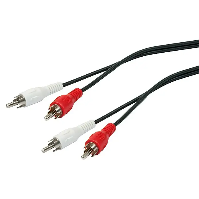 Schwaiger Audio-Verlängerungskabel - 1,5 m, 4 x Cinch-Stecker, Kabel Schwarz, Stecker Rot/Weiß - Rot-weiße Cinch-Stecker mit schwarzen Kabeln im Fokus. Das Kabel dient zur Übertragung von Audio- und Videosignalen.