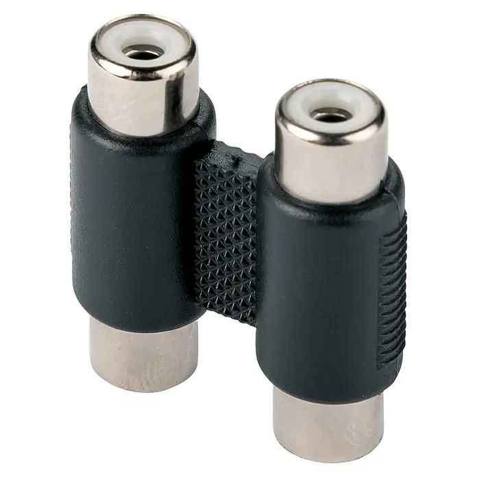 Schwaiger Audio-Adapter - Cinch-Buchse, 2-fach - Nahaufnahme eines schwarzen RCA-Splitters, der entwickelt wurde, um ein Audiosignal auf zwei Geräte zu verteilen.