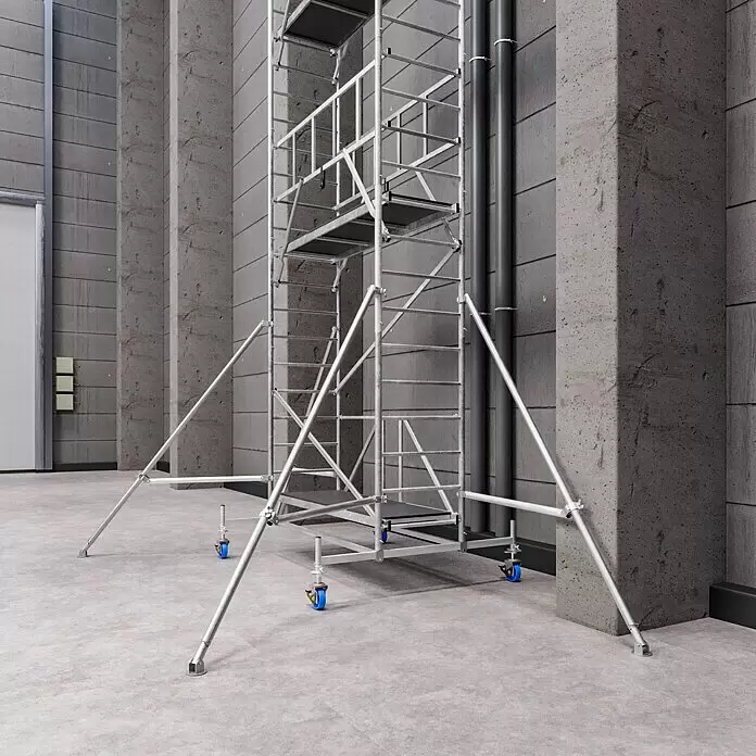 Krause ProTec XS Klappgerüst - Arbeitshöhe: 10,8 m, Belastbarkeit Plattform: 240 kg - Silbernes mobiles Gerüst mit Plattformen, blauen Rädern und Auslegern für Stabilität. Ideal für Arbeiten in Innenräumen.