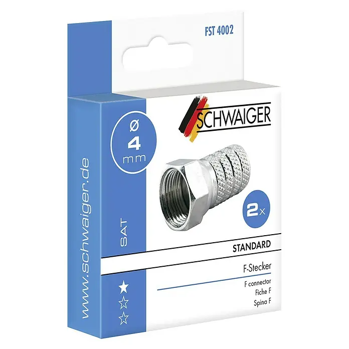 Schwaiger F-Stecker-Set Standard - 4 mm, 2 Stk. - Verpackung von Schwaiger F-Steckern, Standardausführung, 2 Stück, Durchmesser 4 mm, ideal für SAT-Anwendungen.