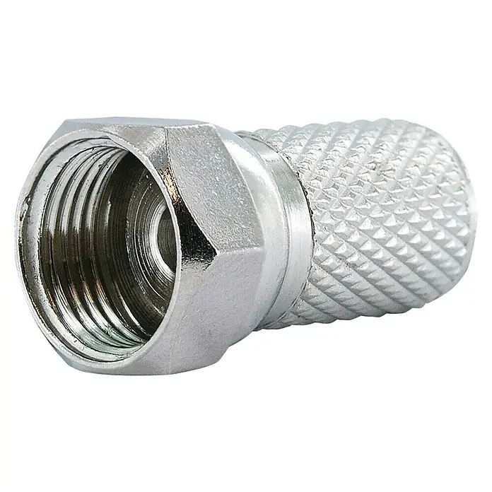Schwaiger F-Stecker-Set Standard - 7 mm, 4 Stk. - Nahaufnahme eines F-Steckers, der zur Verbindung von Koaxialkabeln verwendet wird, mit seinem Gewinde und der griffigen Oberfläche.