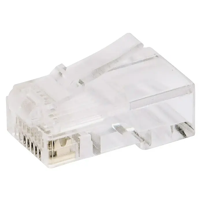 Schwaiger Netzwerk-Stecker - RJ45-Stecker, Transparent, 4 Stk. - Nahaufnahme eines RJ45-Steckers, der in der Netzwerktechnik für Ethernet-Verbindungen verwendet wird. Er ist durchsichtig und zeigt die Kontakte.