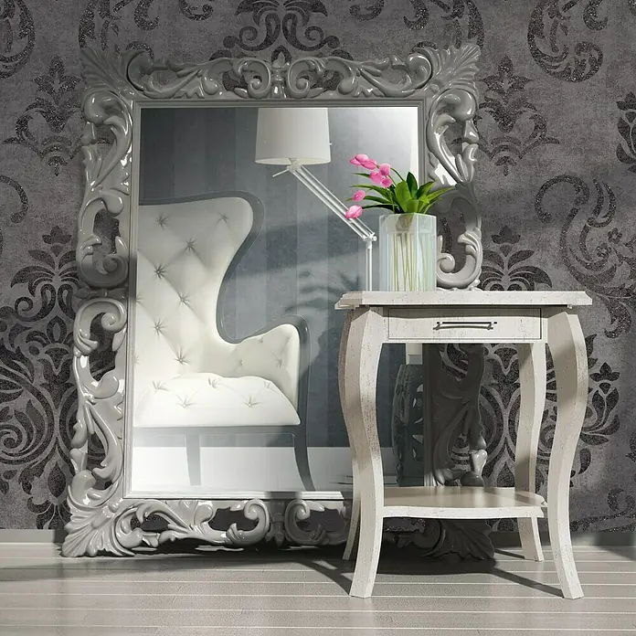 A.S. Création Vliestapete Memory 2 - Schwarz, Ornament, 10,05 x 0,53 m - Spiegel mit aufwendigem Rahmen und einem kleinen Tisch davor, dekoriert mit Blumen, für einen eleganten Look.