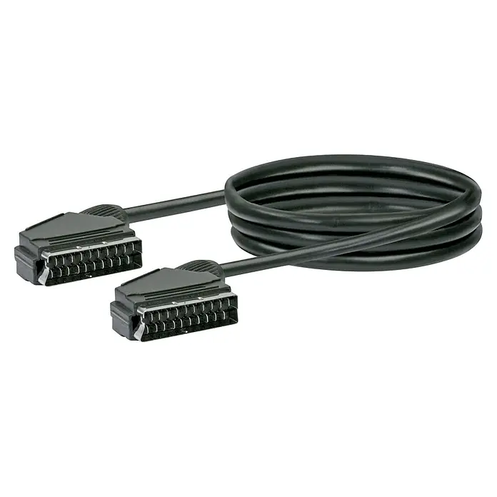 Schwaiger Scart-Kabel - Länge: 1,5 m, Schwarz, 6,8 mm - Schwarzes SCART-Kabel auf schwarzem Hintergrund. Das Kabel ist spiralförmig aufgerollt und hat an beiden Enden einen SCART-Stecker.