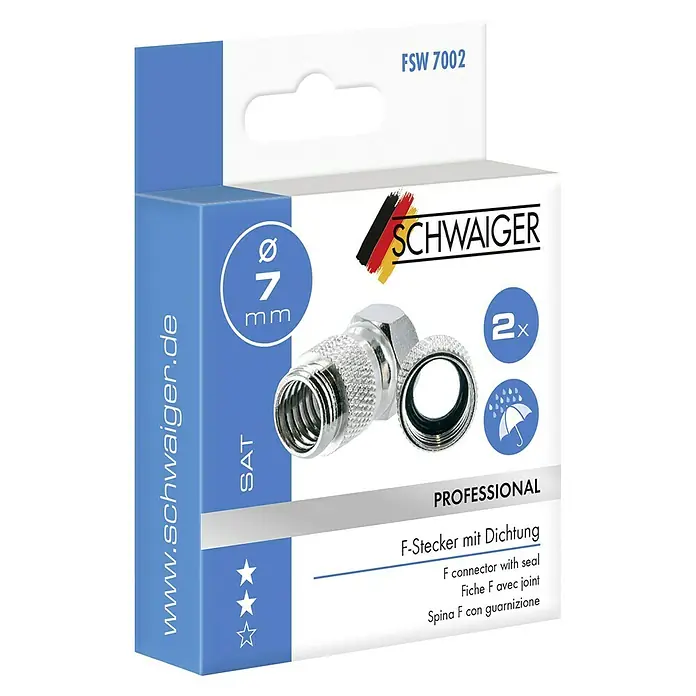 Schwaiger F-Stecker mit Dichtung HQ - Durchmesser: 7 mm, 2 Stk. - Abbildung einer Verpackung von zwei F-Steckern mit Dichtung von Schwaiger, geeignet für professionelle SAT-Anschlüsse mit 7 mm Durchmesser.