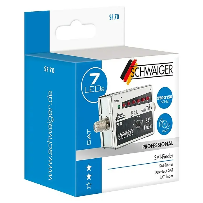 Schwaiger SAT-Finder 6+1 LED - Akustisches Feldstärkesignal, F-Buchse, 950 - 2.150 MHz - Produktverpackung des digitalen Sat-Finders SF 70 von Schwaiger mit 7 LEDs zur optimalen Ausrichtung der Satellitenantenne.