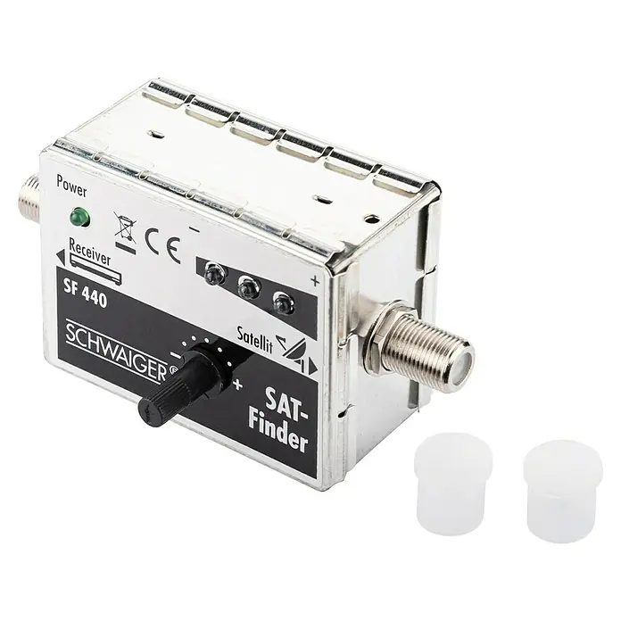 Schwaiger SAT-Finder 3+1 LED - F-Buchse, 950 - 2.150 MHz - Nahaufnahme eines Schwager SF 440 Sat-Finders mit einem Drehknopf zur Einstellung und zwei weißen Schutzkappen.
