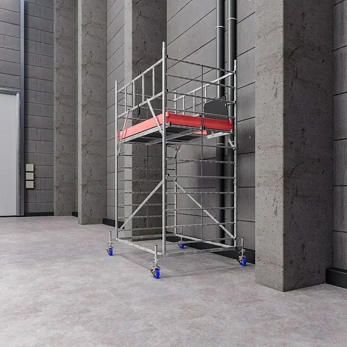 Krause ProTec XXL Rollgerüst Breitaufbau - Arbeitshöhe: 4,3 m, Belastbarkeit Plattform: 480 kg - Abbildung eines Gerüsts mit roten Elementen.