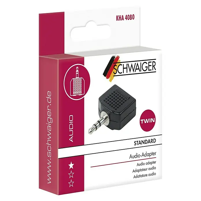 Schwaiger Audio-Adapter - 2 x Klinkenkupplung  3,5 mm, 1 x Klinkenstecker 3,5 mm - Abbildung einer Verpackung für einen Audio-Adapter von Schwaiger, der das Signal für zwei Kopfhörer verdoppelt (KHA 4080).