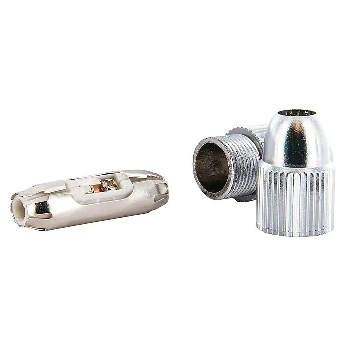 Schwaiger Koax-Kabelverbinder HQ - Schraubbare Innenleiter, Silber, Metall, 1 Stk. - Nahaufnahme eines glänzenden, silberfarbenen Koaxialkabelsteckers und seines Zubehörs auf schwarzem Hintergrund.