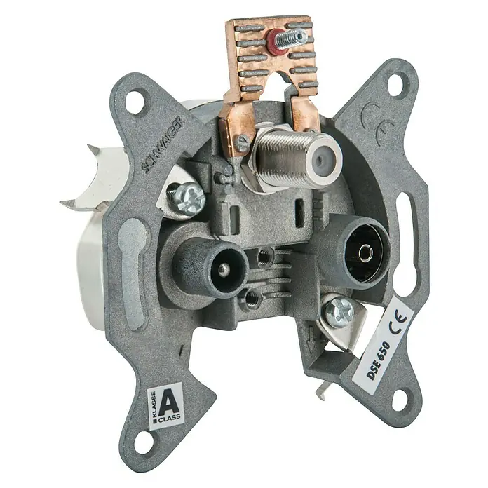 Schwaiger SAT-Antennendosen-Einsatz Einzel- oder Stichleitungsdose - 3-fach, 2,5 dB - 5,5 dB - Nahaufnahme einer Antennendose von Schwaiger DSE 650 mit F-Anschluss und Koaxialanschlüssen für TV- und Radiosignale, ideal für den Heimgebrauch.