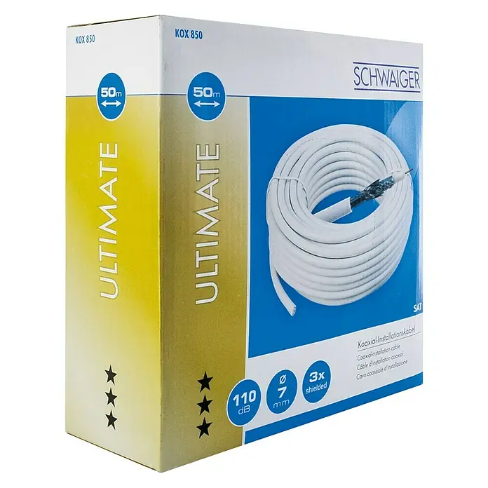 Schwaiger Koaxialkabel - 50 m, Weiß, Schirmungsmaß: 110 dB - Verpackung der Schwaiger Ultimate Koaxial-Installationskabelrolle mit 50 Metern Länge, 7 mm Durchmesser und 3-facher Abschirmung.