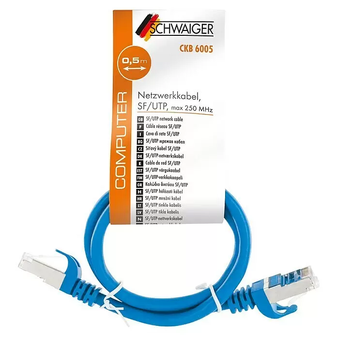 Schwaiger Netzwerk-Kabel - Länge: 0,5 m, Blau, RJ45-Stecker, Bis zu 1 GBit/s - Ein blaues, 0,5m SF/UTP Netzwerkkabel mit Silbersteckern und Produktetikett.