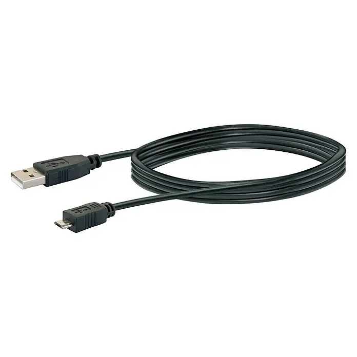 Schwaiger USB-Kabel 2.0 - 1,8 m, USB A-Stecker, USB Micro-B-Stecker, Schwarz - Schwarzes USB-Kabel mit USB-A- und Micro-USB-Anschlüssen für Datentransfer und Aufladen von Geräten.