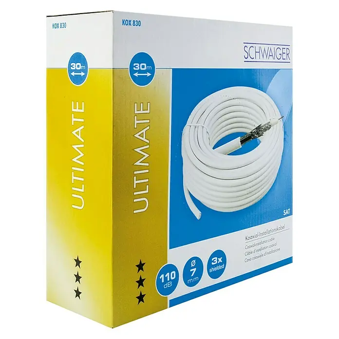 Schwaiger Koaxialkabel - 30 m, Weiß, Schirmungsmaß: 110 dB - Nahaufnahme der Verpackung eines weißen Koaxialkabels von Schwaiger, 30m Länge, für ultimative SAT-Installationen mit 3-fach Schirmung.