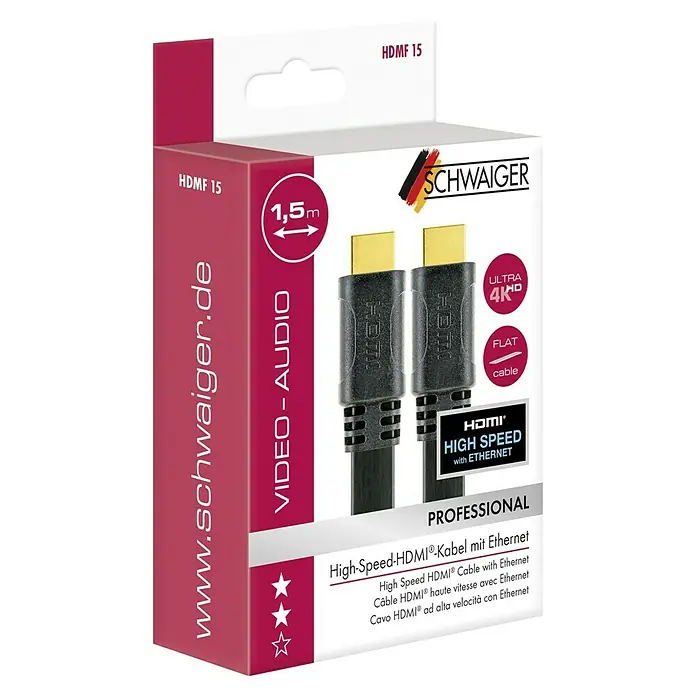 Schwaiger HDMI-Kabel mit Ethernet - Schwarz, Grau, 1,5 m, 18 Gbit/s - Abbildung einer Verpackung für ein 1,5 m langes High-Speed-HDMI-Kabel mit Ethernet von Schwaiger.