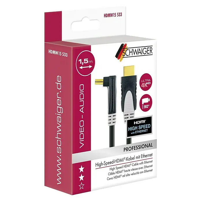 Schwaiger HDMI-Kabel mit Ethernet - Schwarz, Grau, 1,5 m, 18 Gbit/s, 90° abgewinkelt - Abbildung der Verpackung eines High-Speed-HDMI-Kabels von SCHWAIGER, das 4K-fähig ist und über einen Ethernet-Anschluss verfügt.