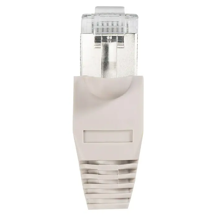 Schwaiger Netzwerk-Stecker CAT 6 - RJ45-Stecker, Grau/Silber, 4 Stk. - Nahaufnahme eines weißen RJ45-Steckers, der für Ethernet-Verbindungen in Computernetzwerken verwendet wird. Er zeichnet sich durch präzise Verarbeitung und einfache Installation aus.