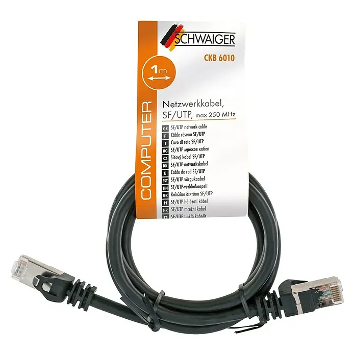 Schwaiger Netzwerk-Kabel - Länge: 1 m, Schwarz, RJ45-Stecker, Bis zu 1 GBit/s - Schwarzes 1 m SF/UTP Netzwerkkabel von Schwaiger, ideal für Computerverbindungen mit bis zu 250 MHz.
