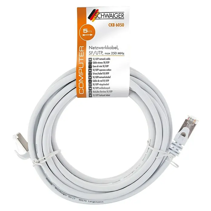 Schwaiger Netzwerk-Kabel - Länge: 5 m, Weiß, RJ45-Stecker, Bis zu 1 GBit/s - Abbildung eines weißen 5 m langen SCHWAIGER Netzwerkkabels SF/UTP, ideal für schnelle Datenübertragung bis 250 MHz.