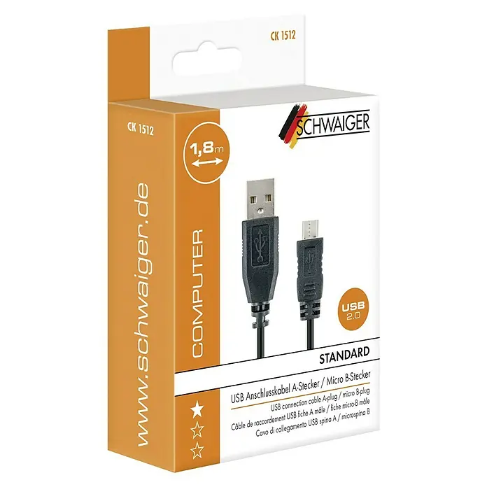Schwaiger USB-Kabel 2.0 - 1,8 m, USB A-Stecker, USB Micro-B-Stecker, Schwarz - Abbildung einer Verpackung eines USB-Anschlusskabels A-Stecker zu Micro-B-Stecker von SCHWAIGER.