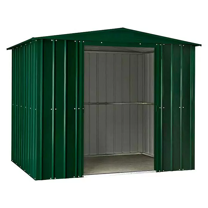Clemens HobbyTec Gerätehaus - Stahl, Grün - Dunkelgrüner Gartenhaus aus Metall mit offenen Schiebetüren, hellgraues Inneres.