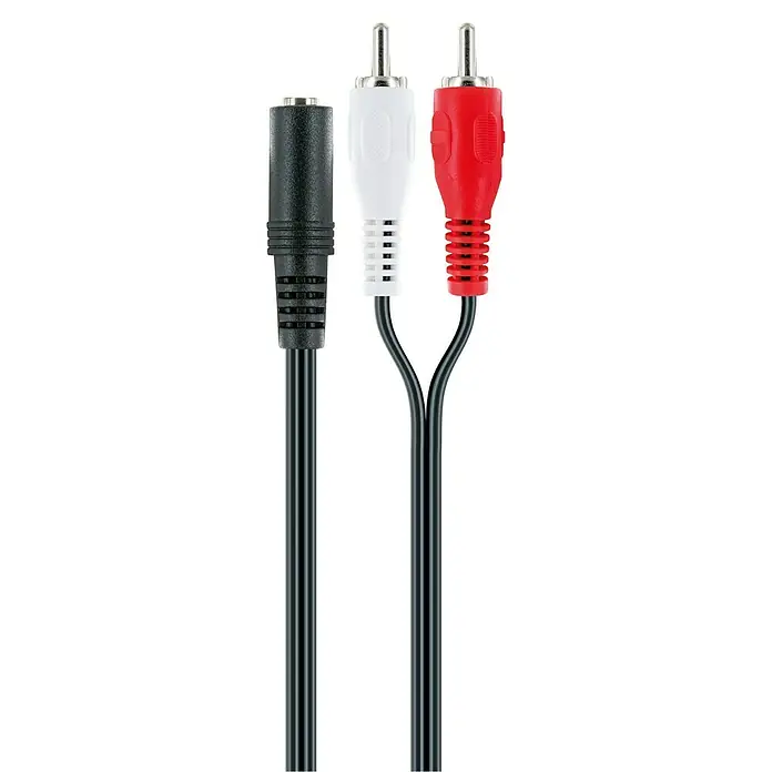 Schwaiger Adapterkabel - 2 x Cinch-Stecker, 1 x Klinkenkupplung 3,5 mm, 0,2 m, Schwarz, Rot/Weiß - Abbildung eines 3,5-mm-Klinke-auf-2-Cinch-Audiokabels mit schwarzem Klinkenstecker und roten und weißen Cinchsteckern für Audioverbindungen.