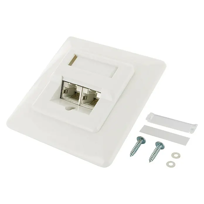 Schwaiger Netzwerk-Anschlussdose CAT 6 - Unterputz, Weiß, RJ45-Buchse - Weiße Doppel-RJ45-Wandplatte mit Schrauben und Beschriftungsstreifen für die Netzwerkinstallation.