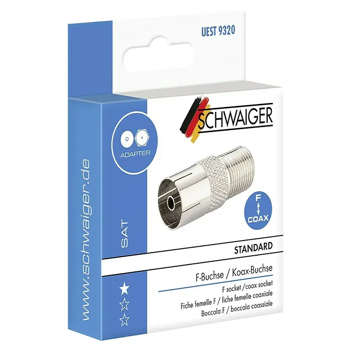Schwaiger Koax-Adapter - F-Buchse, IEC-Buchse, 1 Stk. - Produktverpackung eines Koax-Adapters von Schwaiger, Modell UEST 9320, für SAT-Anschlüsse. Standard F-Buchse mit mehrsprachiger Beschreibung.
