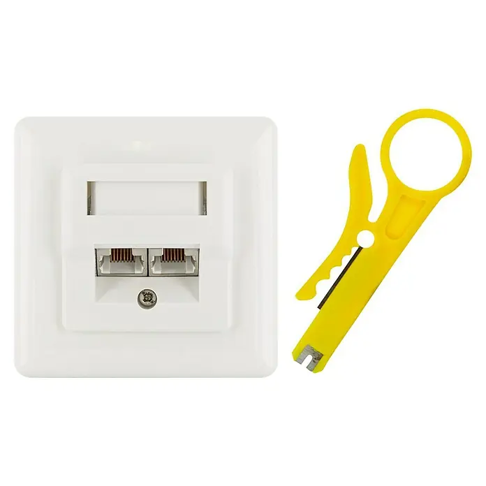 Schwaiger Netzwerk-Anschlussdose CAT 6 - Aufputz, Weiß, RJ45-Buchse - Netzwerkdose mit zwei Anschlüssen und gelbem Abisolierwerkzeug für die Installation.