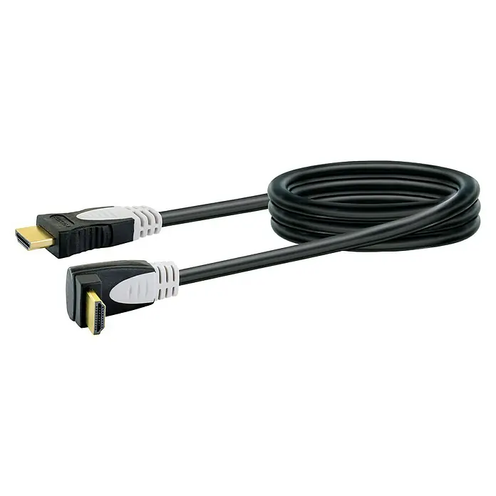 Schwaiger HDMI-Kabel mit Ethernet - Schwarz, Grau, 1,5 m, 18 Gbit/s, 90° abgewinkelt - Ein schwarzes HDMI-Kabel mit rechtwinkligem Stecker und gewundenem Kabel auf schwarzem Hintergrund.