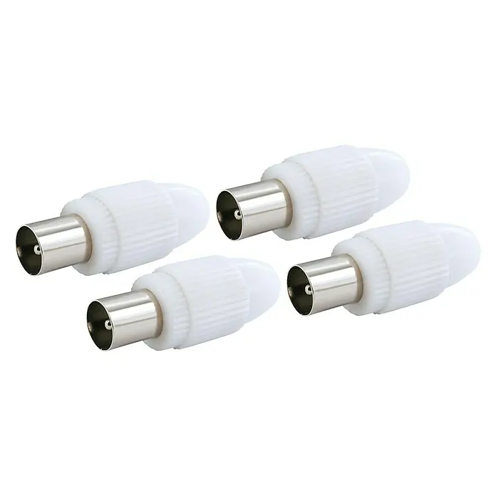 Schwaiger Koax-Stecker - IEC-Stecker, Kunststoff, Schraubbare Innenleiter, 4 Stk. - Nahaufnahme von vier weißen Antennensteckern. Gut geeignet für Radio- und Fernsehantennen.