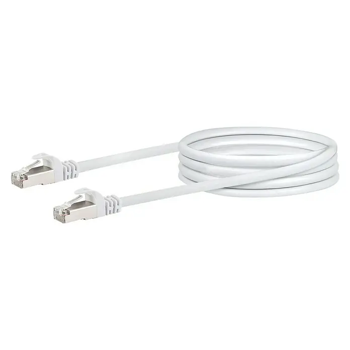 Schwaiger Netzwerk-Kabel - Länge: 5 m, Weiß, RJ45-Stecker, Bis zu 1 GBit/s - Weißes Ethernet-Kabel mit RJ45-Steckern an beiden Enden, aufgerollt dargestellt. Ideal für schnelle Netzwerkverbindungen.