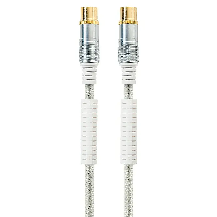 Schwaiger Antennen-Anschlusskabel - 1,5 m, Transparent, 110 dB, Vergoldete Kontakte - Silbernes Digital-Audiokabel mit vergoldeten Steckern und weißem Kabelmanagement für optimierte Signalübertragung und Ordnung.