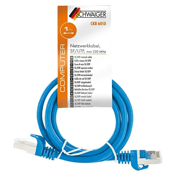 Schwaiger Netzwerk-Kabel - Länge: 1 m, Blau, RJ45-Stecker, Bis zu 1 GBit/s - Abbildung eines blauen 1-Meter-Netzwerkkabels SF/UTP von Schwaiger mit Steckern an beiden Enden.