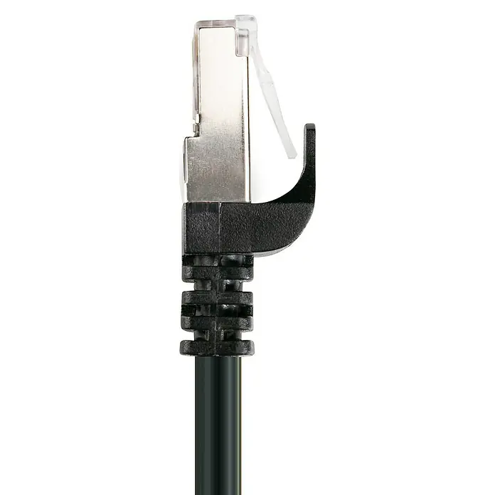 Schwaiger Netzwerk-Kabel - Länge: 2,5 m, Schwarz, RJ45-Stecker, Bis zu 1 GBit/s - Nahaufnahme eines schwarzen Ethernet-Kabels mit RJ45-Stecker, das für Netzwerkverbindungen verwendet wird.