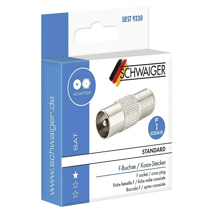 Schwaiger Koax-Adapter - F-Buchse, IEC-Stecker, 1 Stk. - Abbildung einer Verpackung für einen Schwaiger F-Buchse/Koax-Stecker Adapter für SAT-Anlagen.