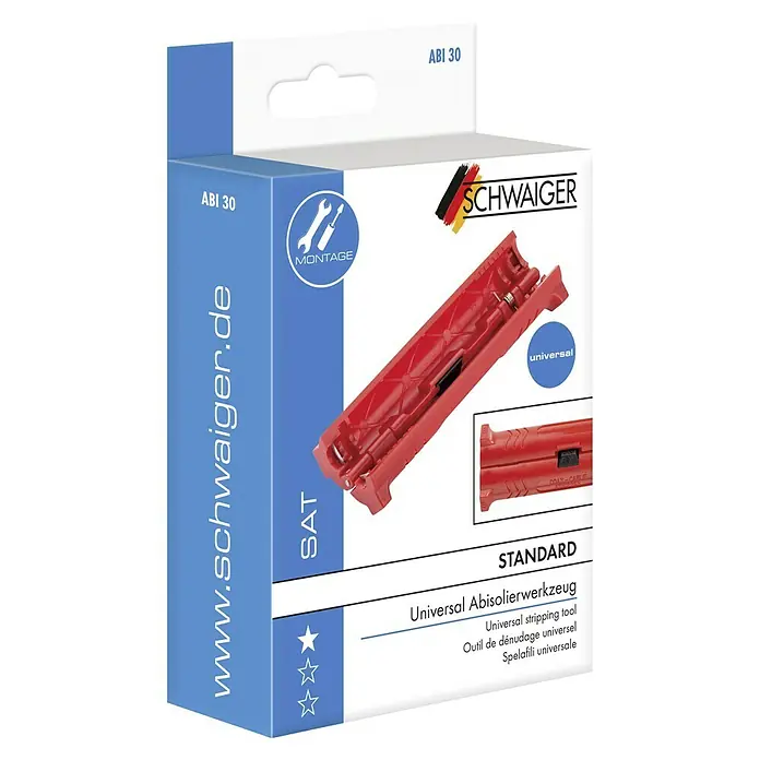 Schwaiger Abisolierwerkzeug - Geeignet für: Koax-Kabel - Produktverpackung für ein Universal Abisolierwerkzeug ABI 30 von Schwaiger, ein Werkzeug zum Abisolieren von Kabeln.