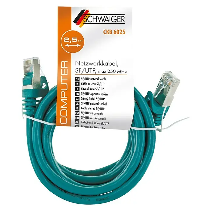 Schwaiger Netzwerk-Kabel - Länge: 2,5 m, Grün, RJ45-Stecker, Bis zu 1 GBit/s - Abgebildetes 2,5 Meter langes blaues SCHWAIGER SF/UTP-Netzwerkkabel CKB 6025 mit RJ45-Steckern.