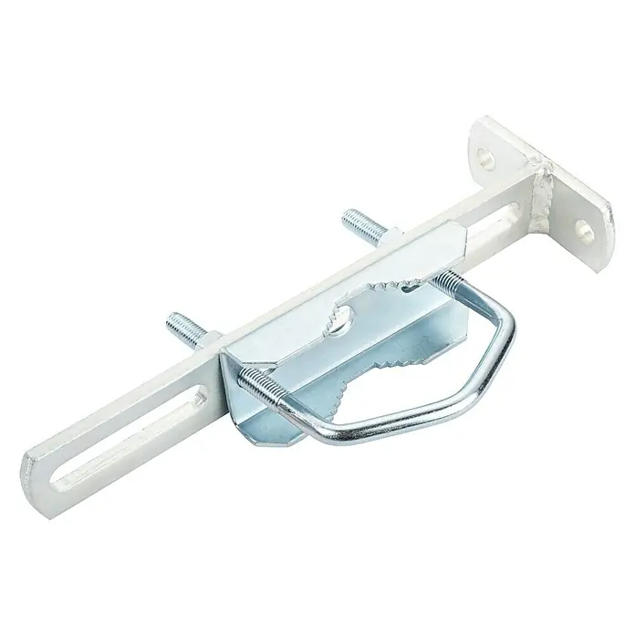 Schwaiger Abstandhalter - Rohre bis 60 mm Außendurchmesser, Verzinkt - Nahaufnahme einer silbernen Metallhalterung mit einem U-förmigen Bügel und Schrauben, die auf einem schwarzen Hintergrund präsentiert wird.