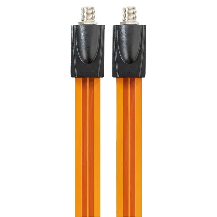 Schwaiger Fensterdurchführung Koax-Kabel Ultraflach - Schwarz, Länge: 17,3 cm, F-Buchse - Zwei orangefarbene Antennenkabel mit schwarzen Anschlüssen vor einem schwarzen Hintergrund.