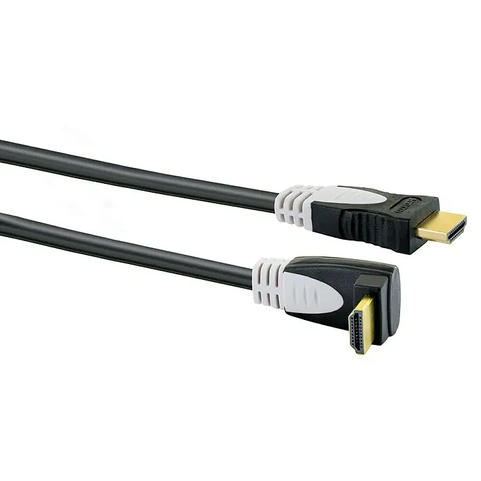 Schwaiger HDMI-Kabel mit Ethernet - Schwarz, Grau, 1,5 m, 18 Gbit/s, 90° abgewinkelt - Abbildung eines HDMI-Kabels mit Standardstecker und abgewinkeltem Stecker, ideal für Verbindungen in beengten Räumen.