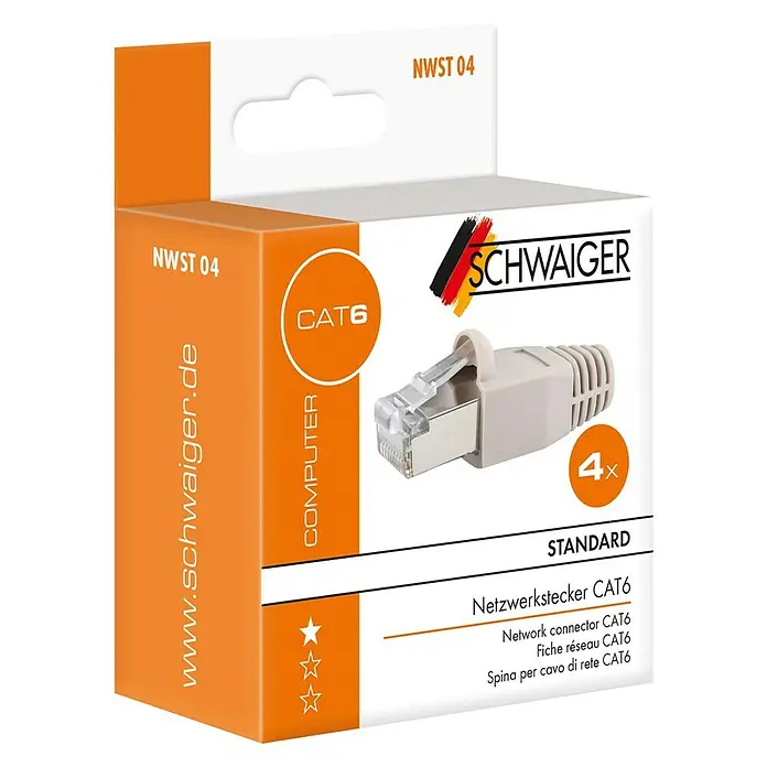 Schwaiger Netzwerk-Stecker CAT 6 - RJ45-Stecker, Grau/Silber, 4 Stk. - Verpackung für SCHWAIGER Netzwerkstecker CAT6, mit Produktbild und Beschriftungen.
