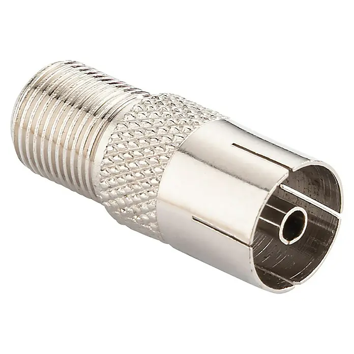 Schwaiger Koax-Adapter - F-Buchse, IEC-Buchse, 1 Stk. - Nahaufnahme eines F-Steckers aus Metall, der für Koaxialkabel verwendet wird, mit Gewinde und Rillen für sicheren Halt.