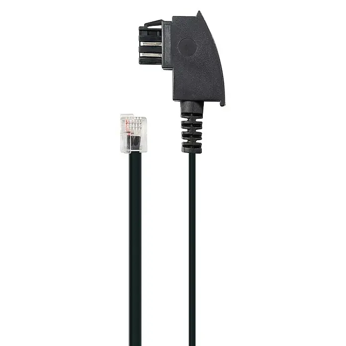 Schwaiger DSL-Anschlusskabel - 3 m, TAE-F-Stecker - Bild eines schwarzen Telefonkabels mit zwei verschiedenen Steckern, geeignet für den Anschluss von Telefonen und Geräten.
